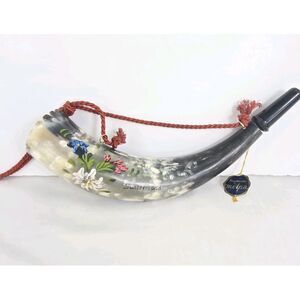 Vintage Steer Cow Horn Blowing Hand Paint Bugle Powder Decor Swiss Souvenier 10"